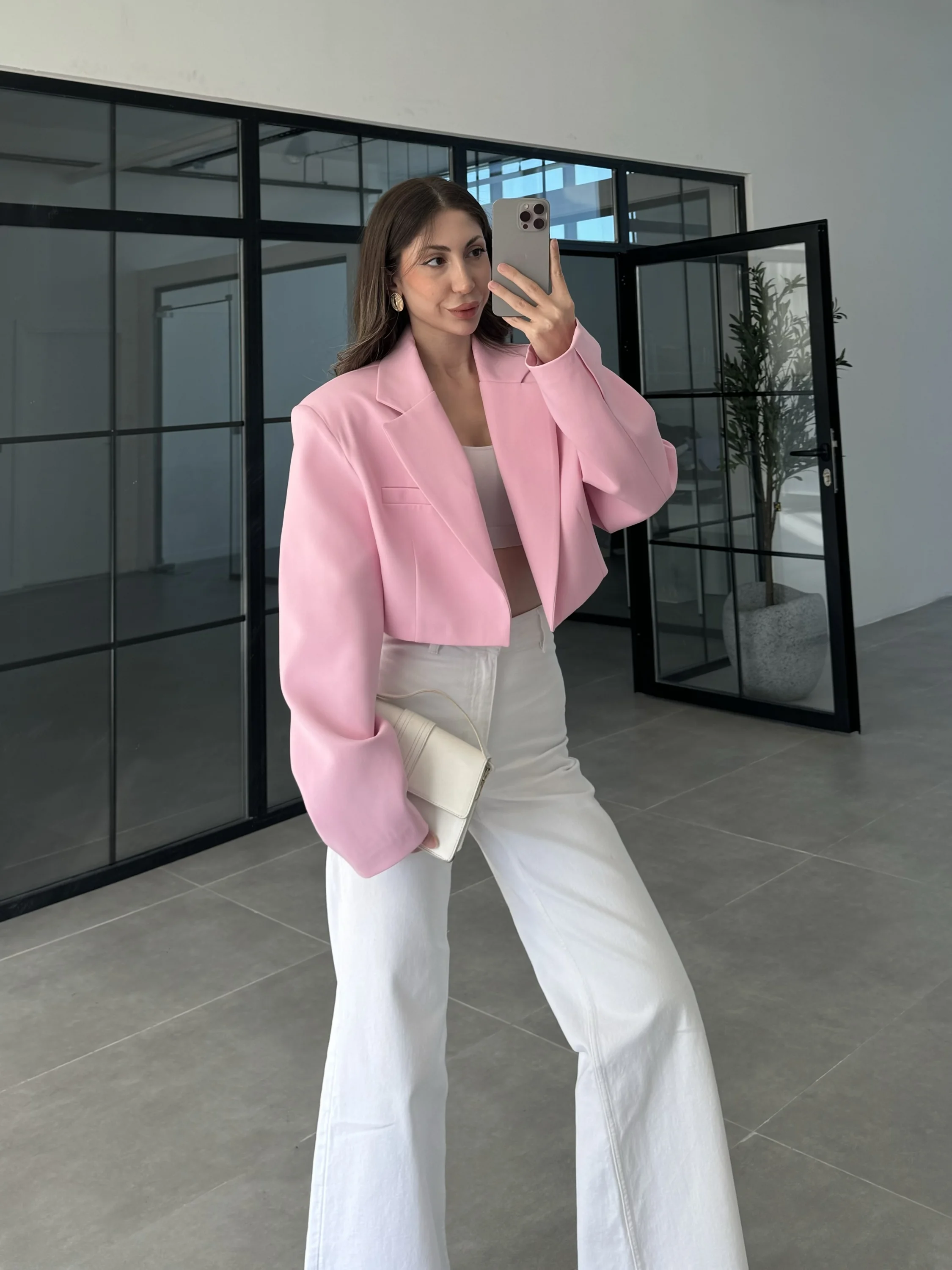 Vatkalı Astarlı Pembe Crop Ceket