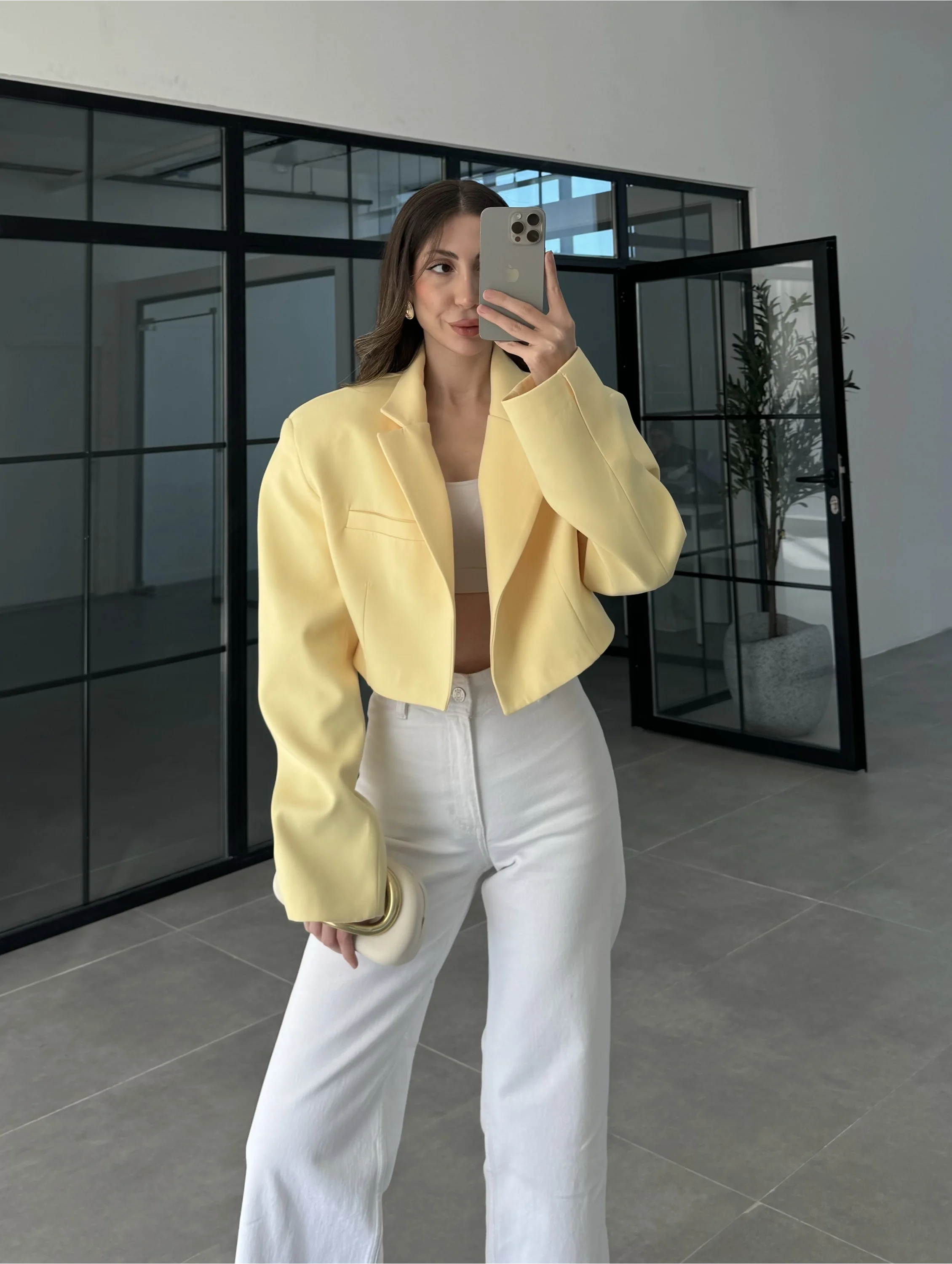 Vatkalı Astarlı Sarı Crop Ceket