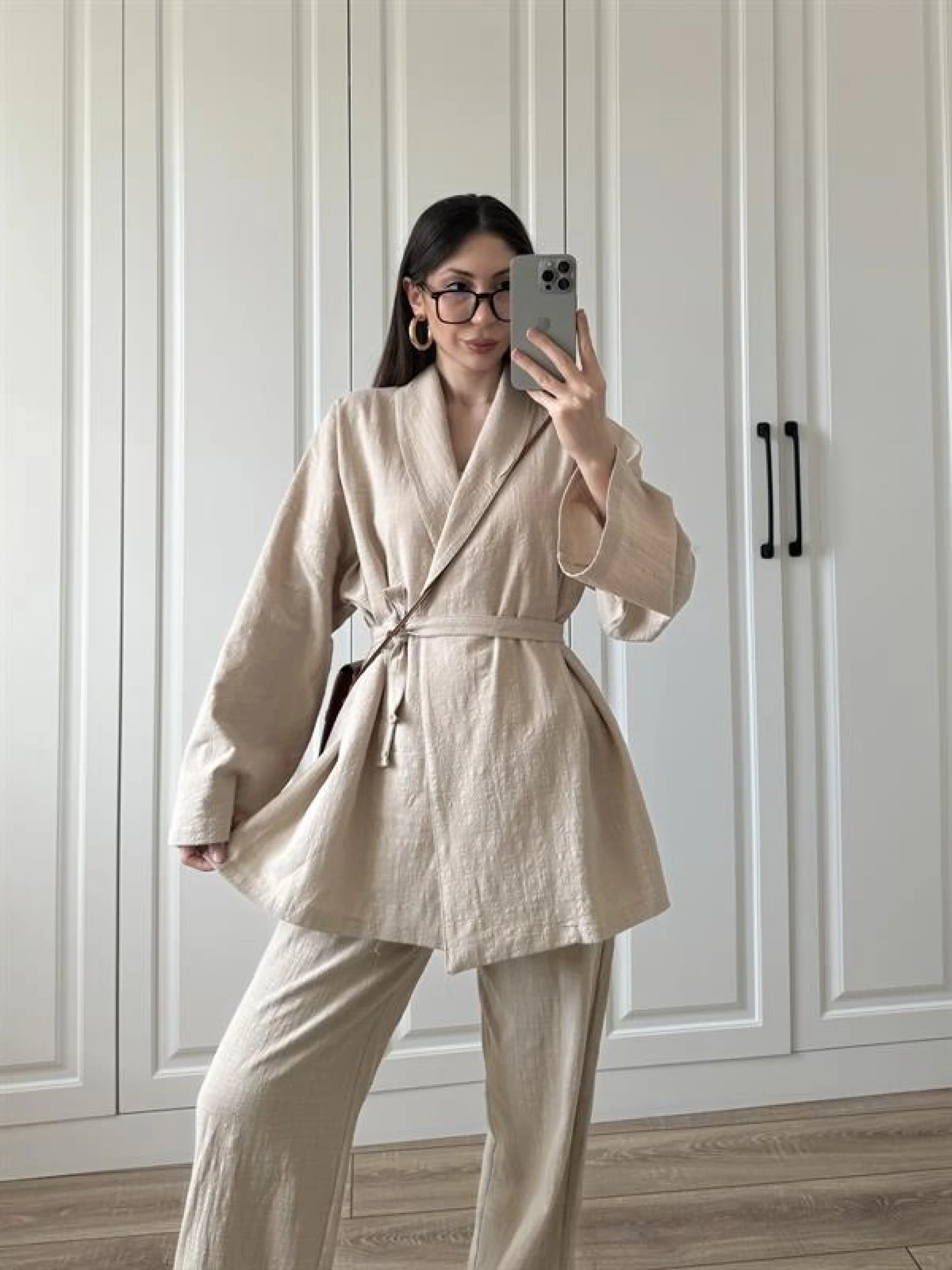 Vool Ham Keten Bej Kimono Takım