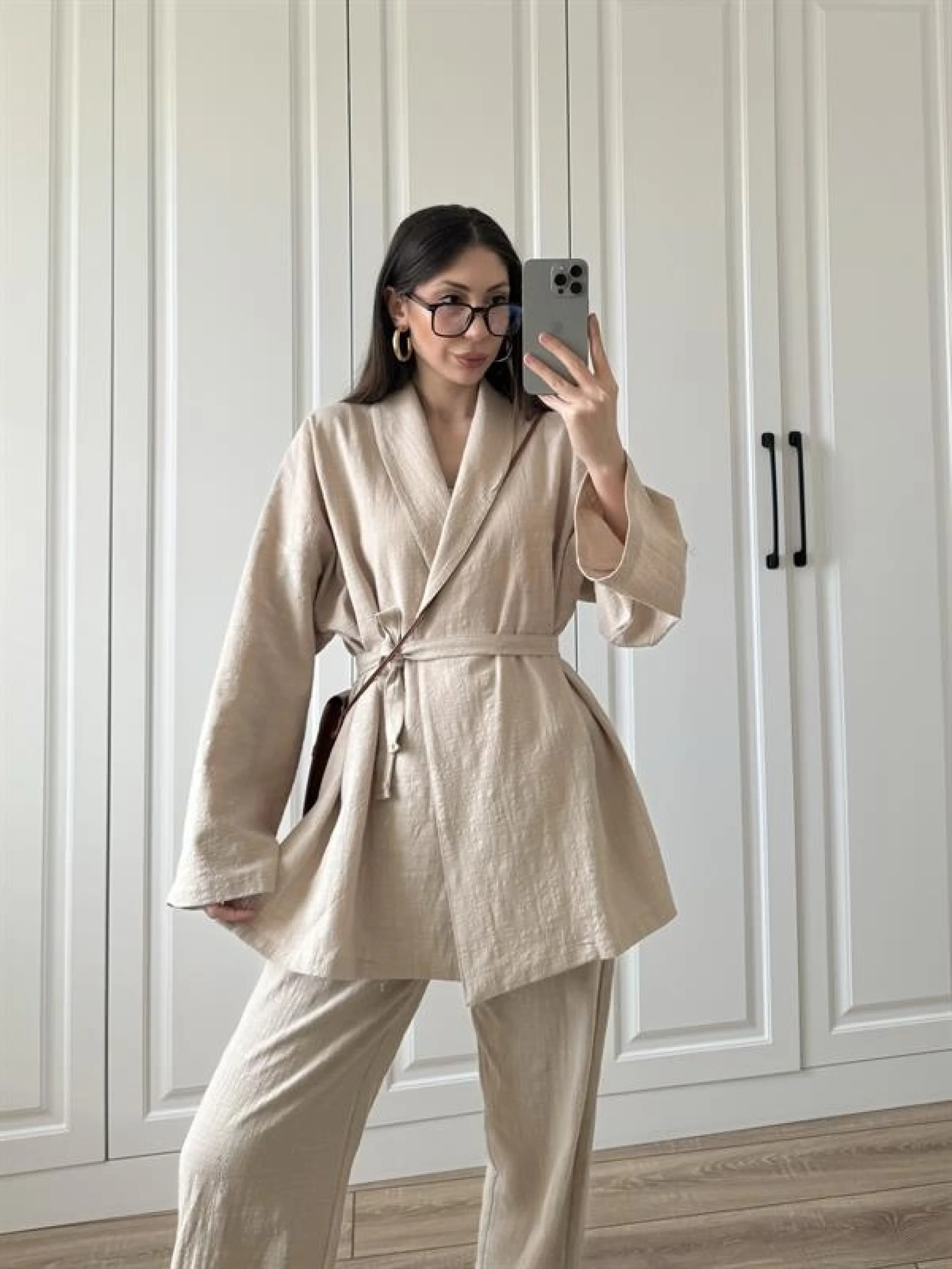 Vool Ham Keten Bej Kimono Takım