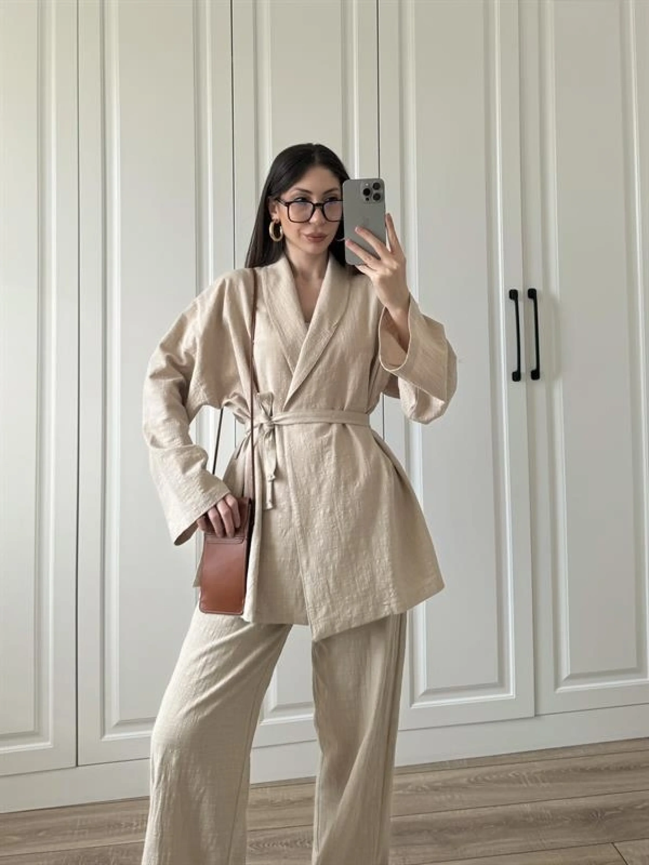 Vool Ham Keten Bej Kimono Takım