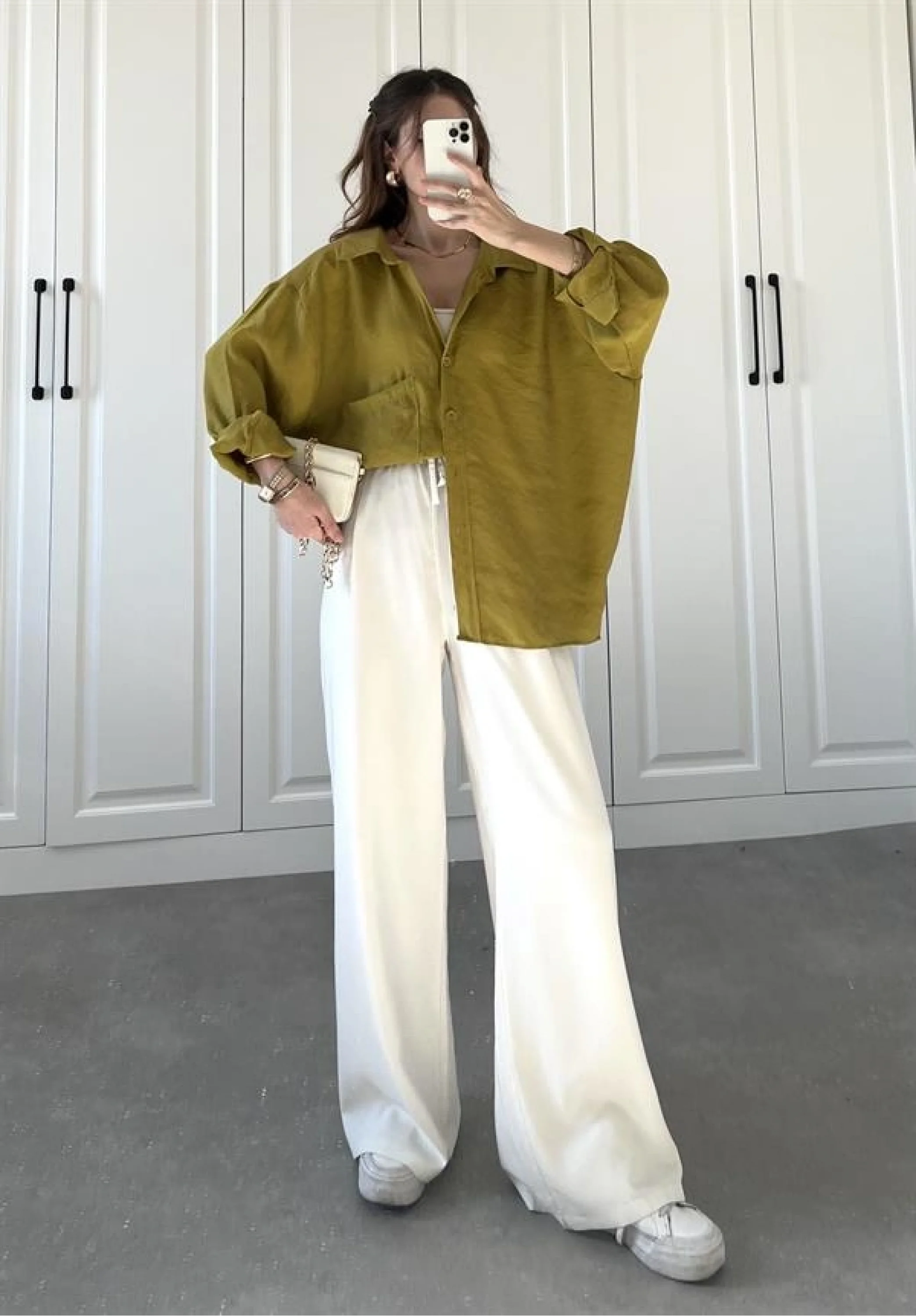 Yağ Yeşili Oversize Tensel Gömlek