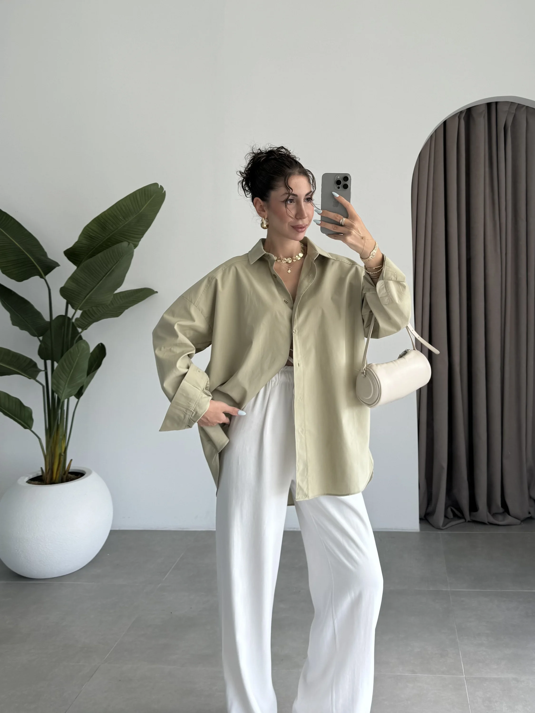 Yale Oversize Poplin Açık Haki Gömlek