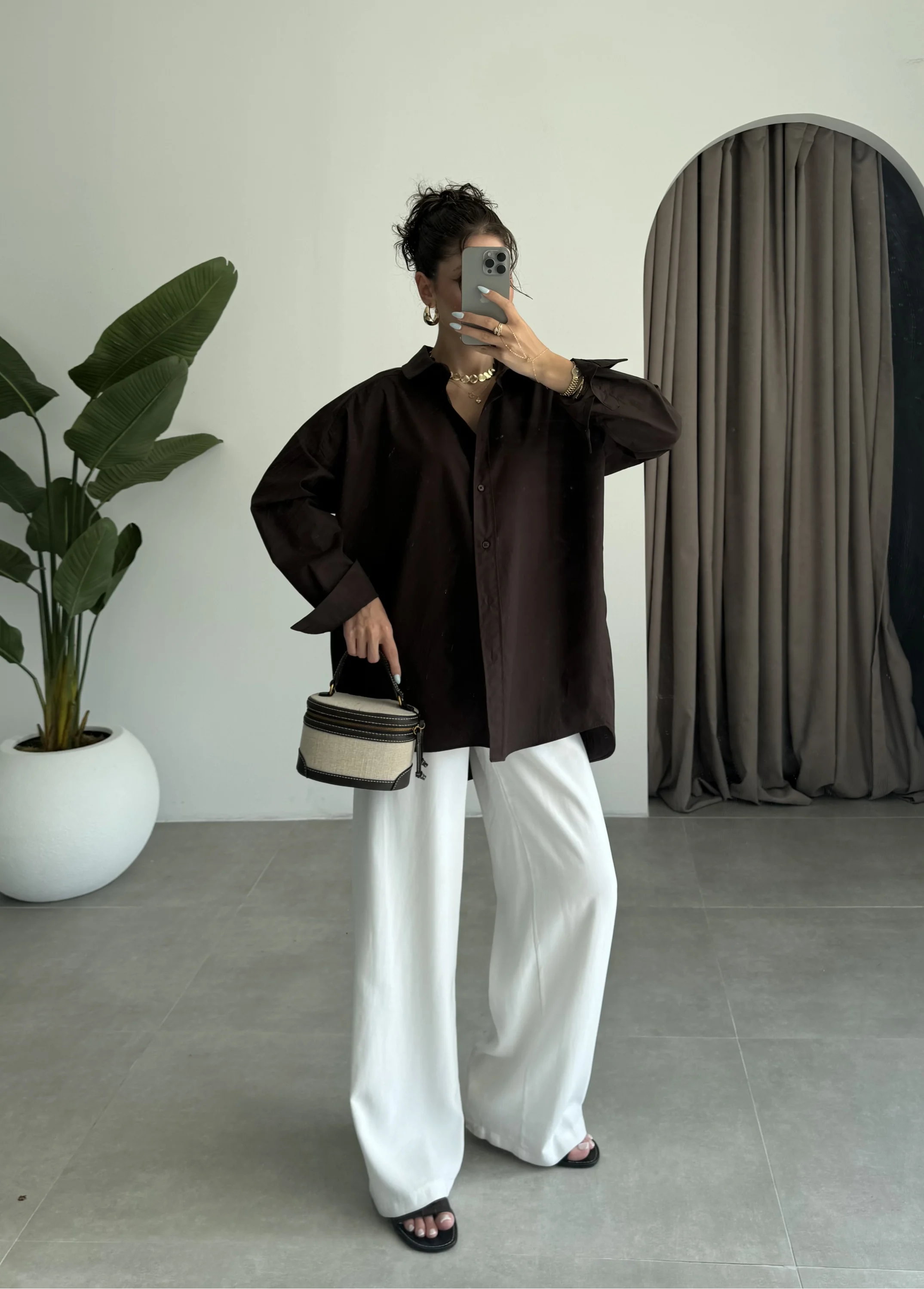 Yale Oversize Poplin Kahve Gömlek