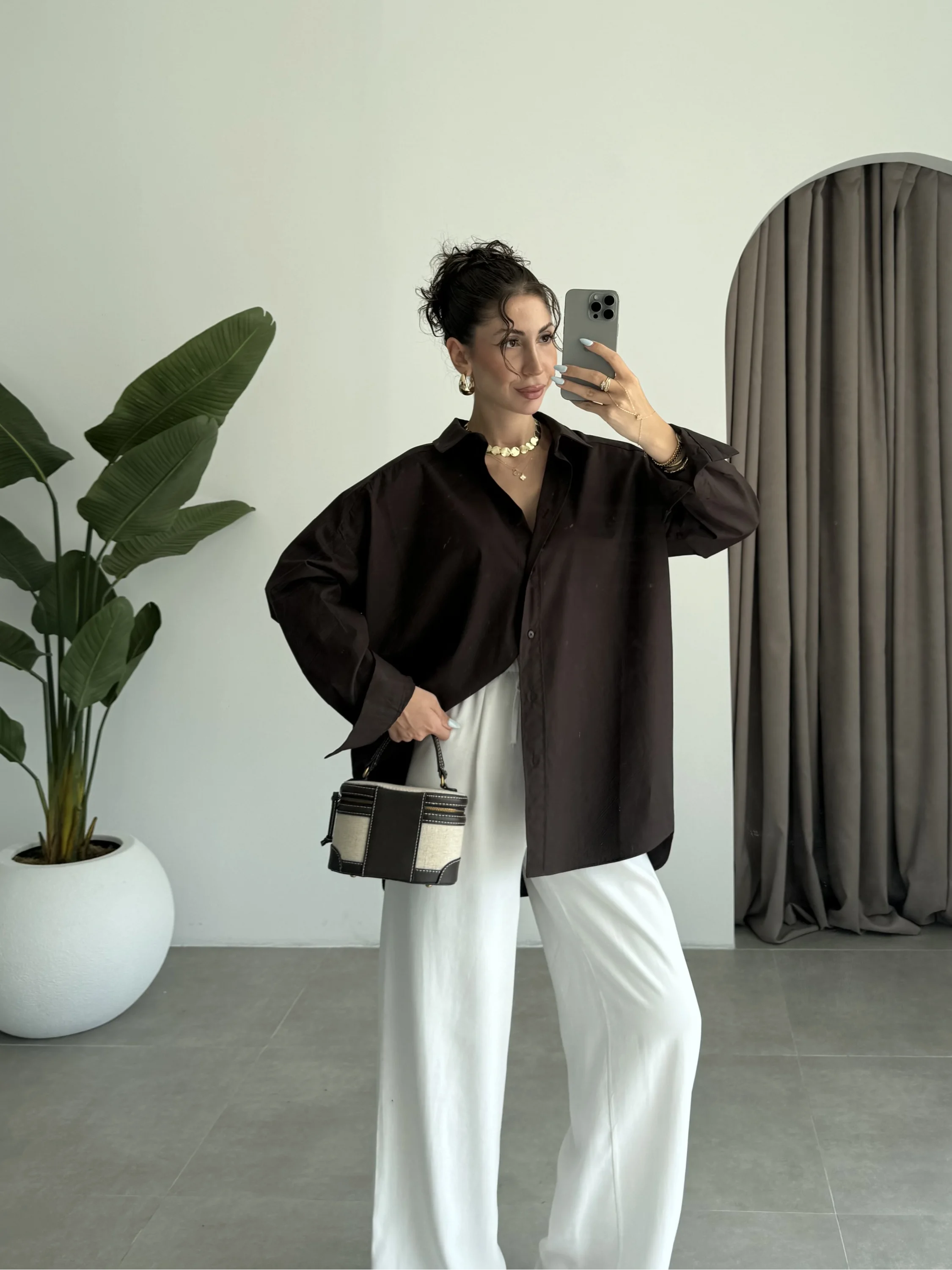 Yale Oversize Poplin Kahve Gömlek