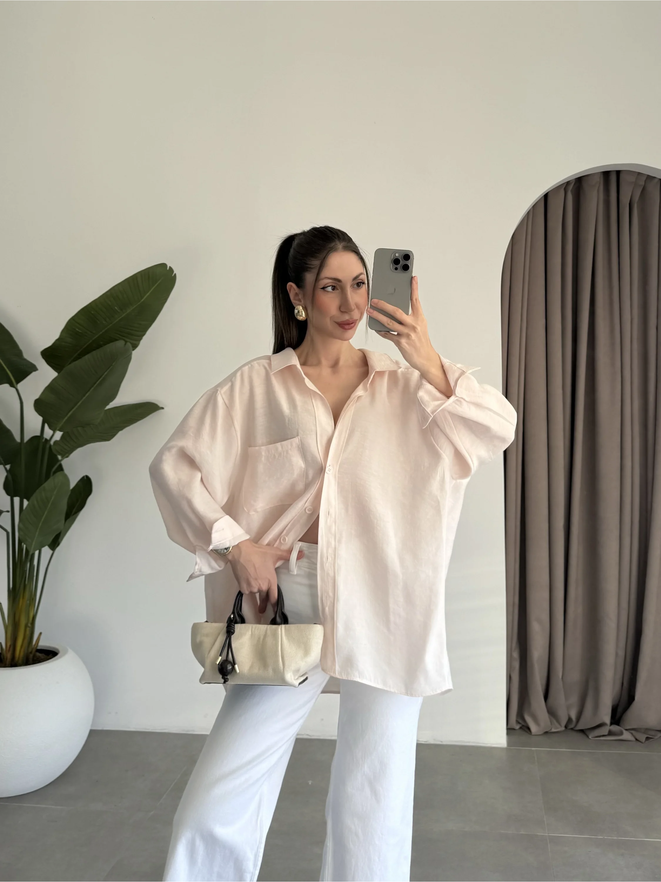 Yavruağzı Oversize Tensel Gömlek