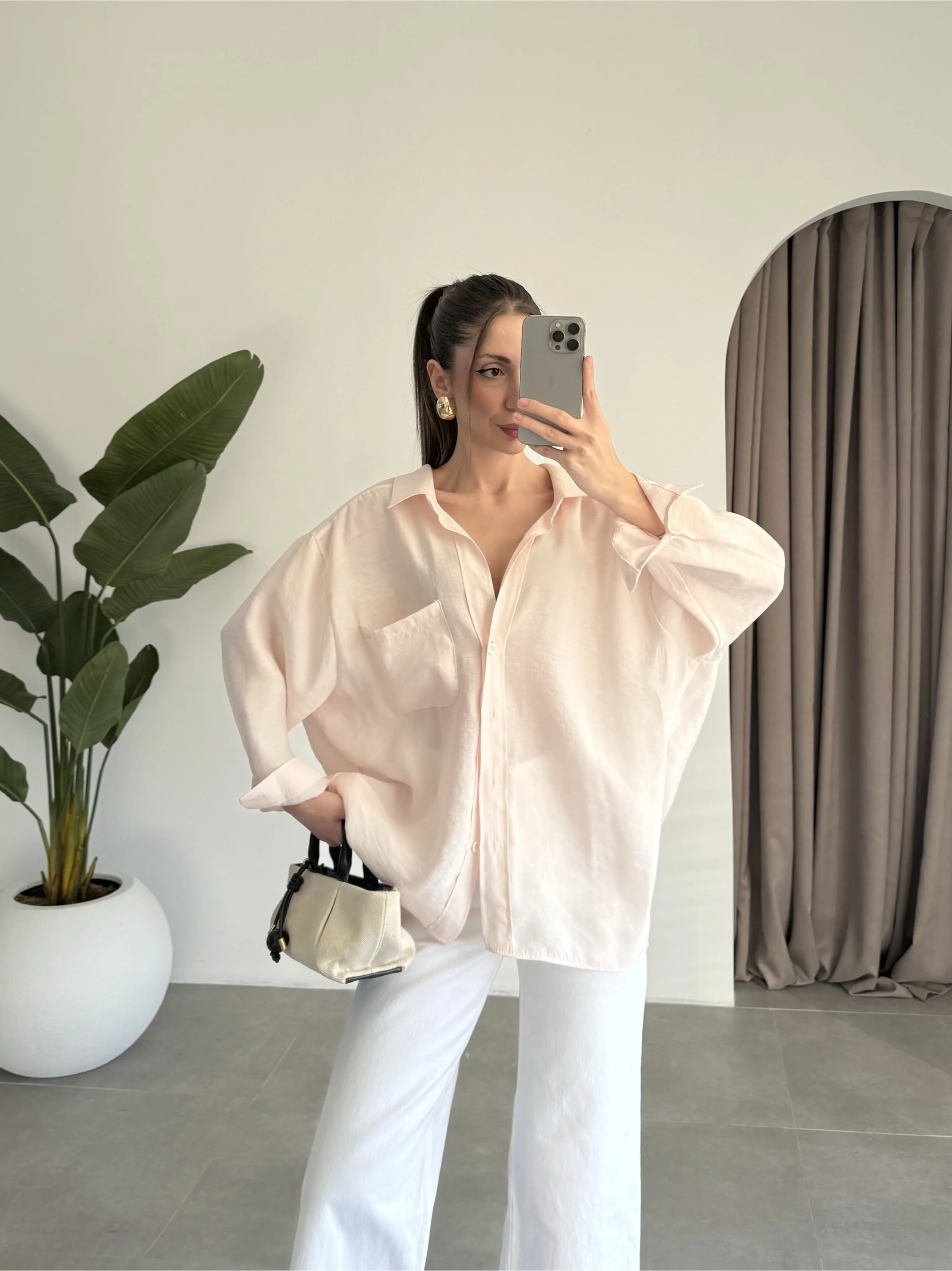 Yavruağzı Oversize Tensel Gömlek