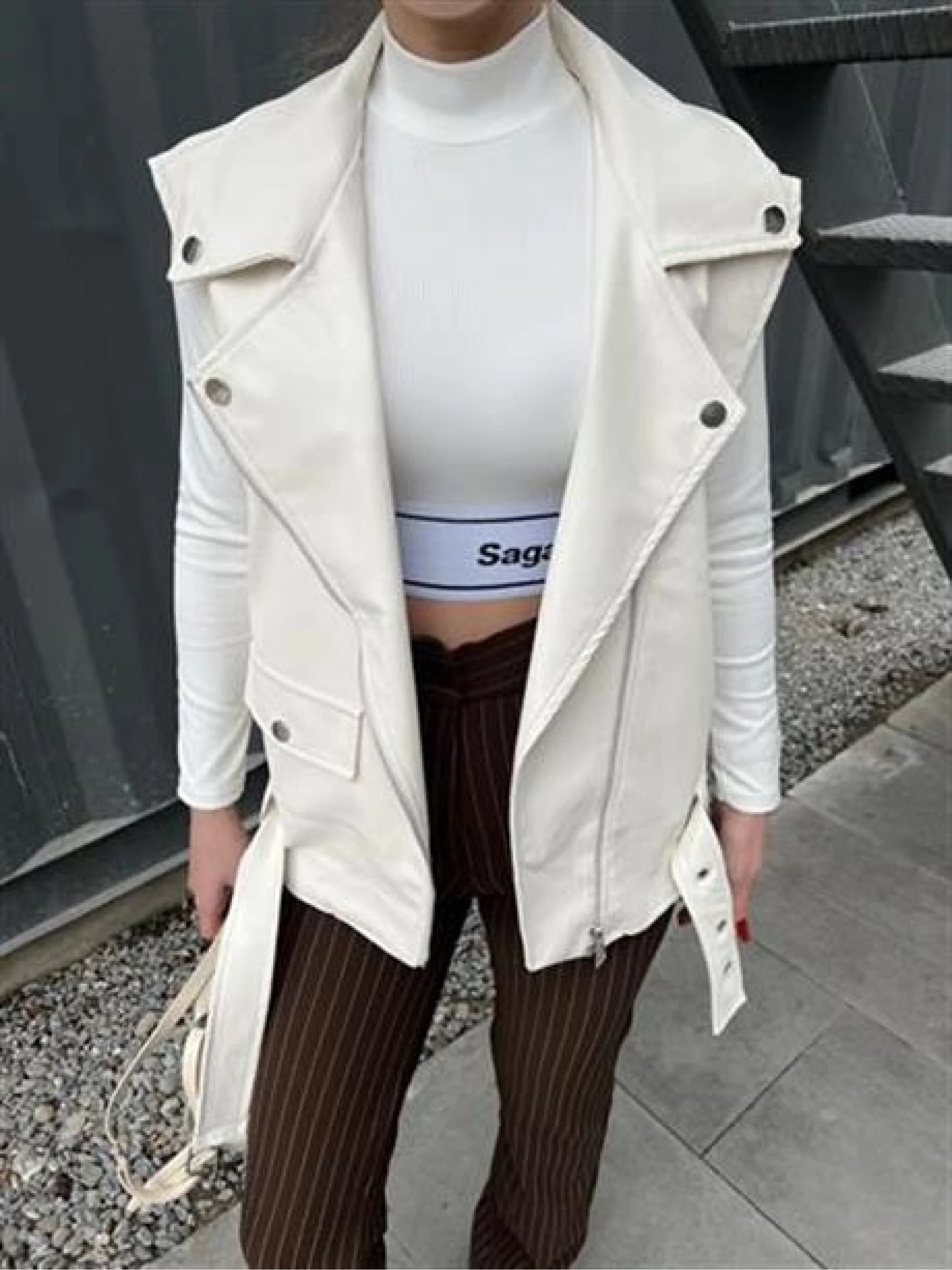 Zr Model Ekru Deri Biker Yelek