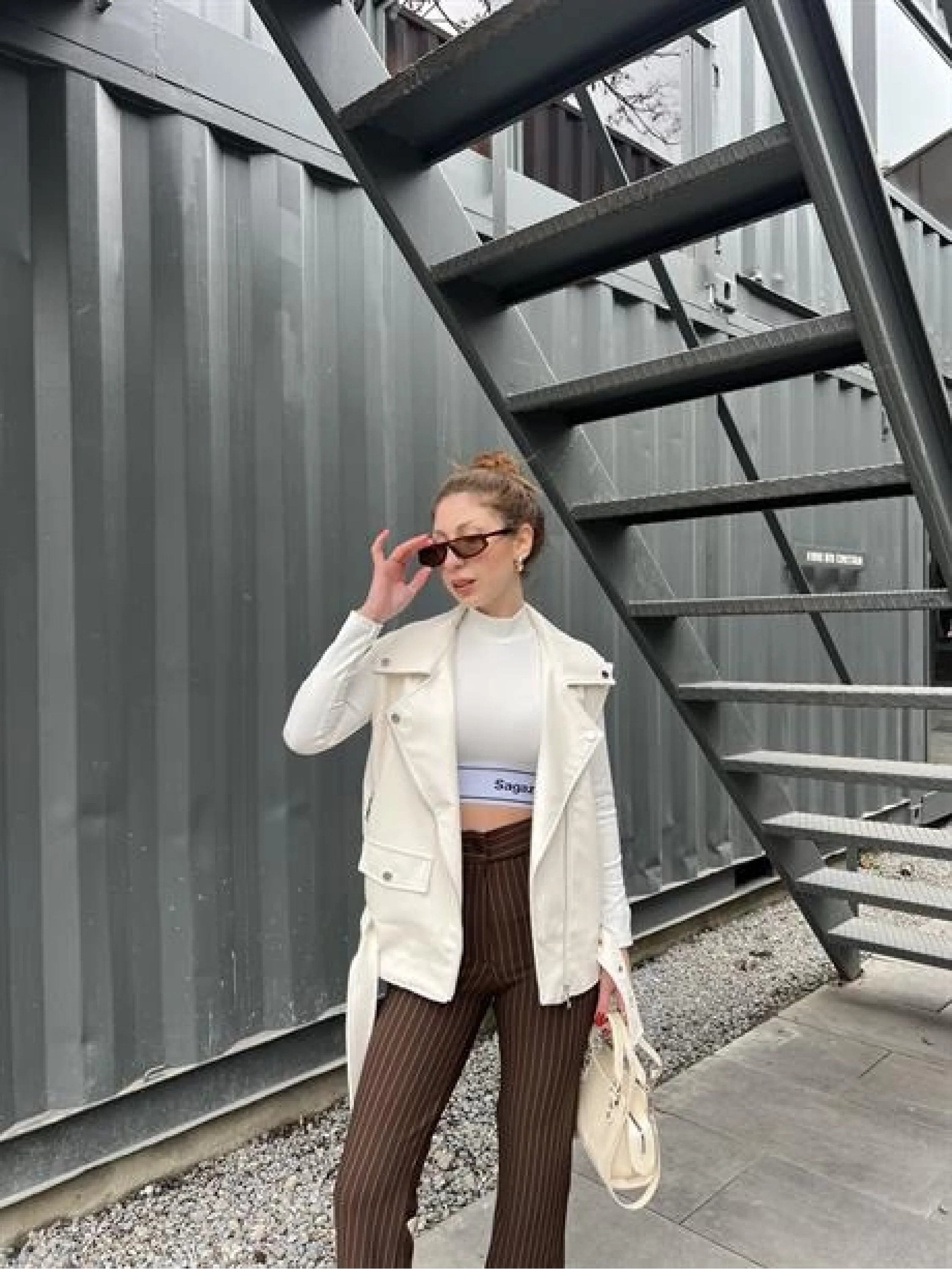 Zr Model Ekru Deri Biker Yelek