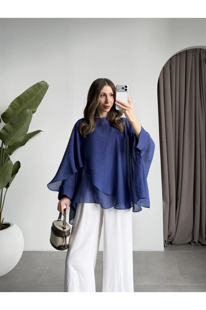 Uçuşan Pelerin Lacivert Tül Bluz