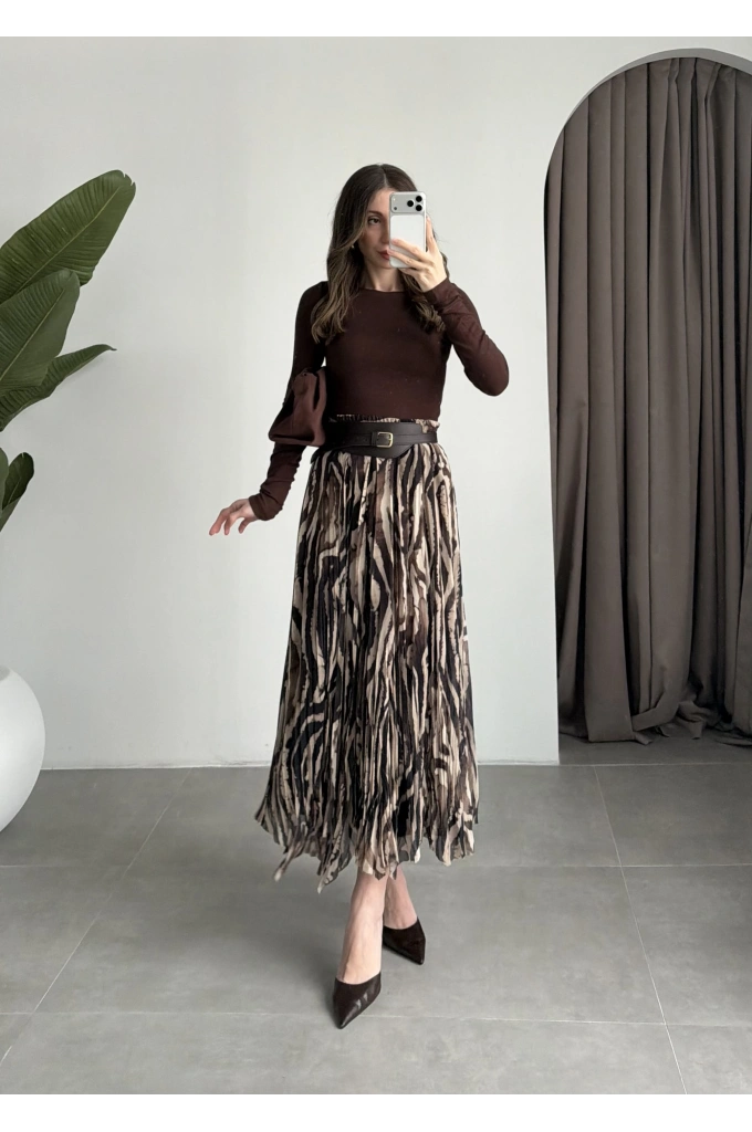 Parçalı Tasarım Astarlı Kahve Siyah Etek