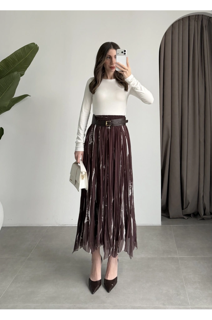 Parçalı Tasarım Astarlı Kahve Krem Etek