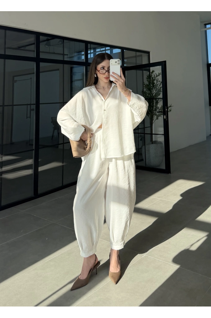 Tensel Oversize Beyaz Şalvar Takım