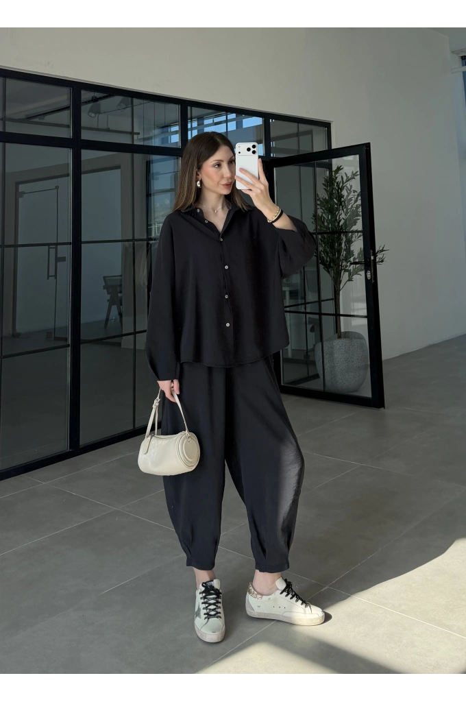 Tensel Oversize Siyah Şalvar Takım