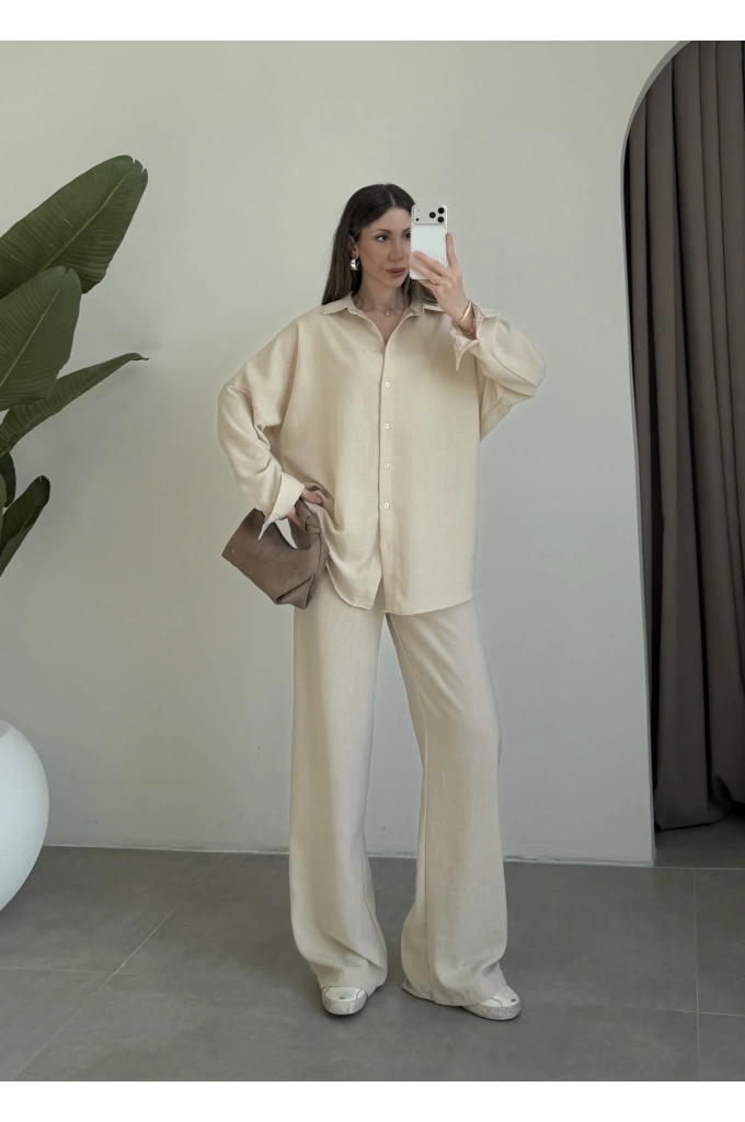 Keten Oversize Taş Gömlek Takım