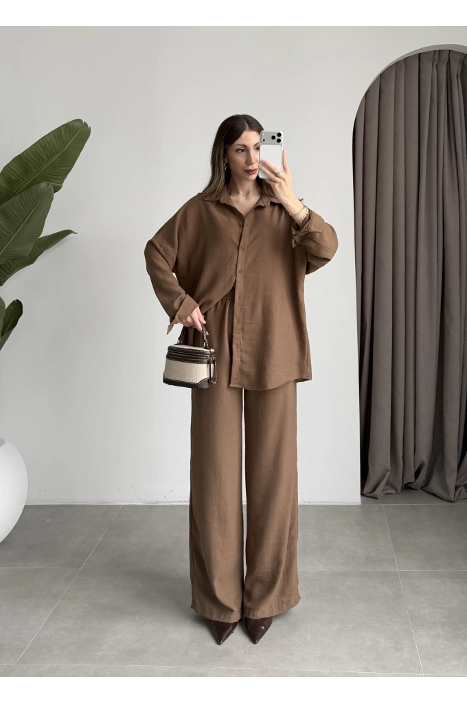 Keten Oversize Camel Gömlek Takım