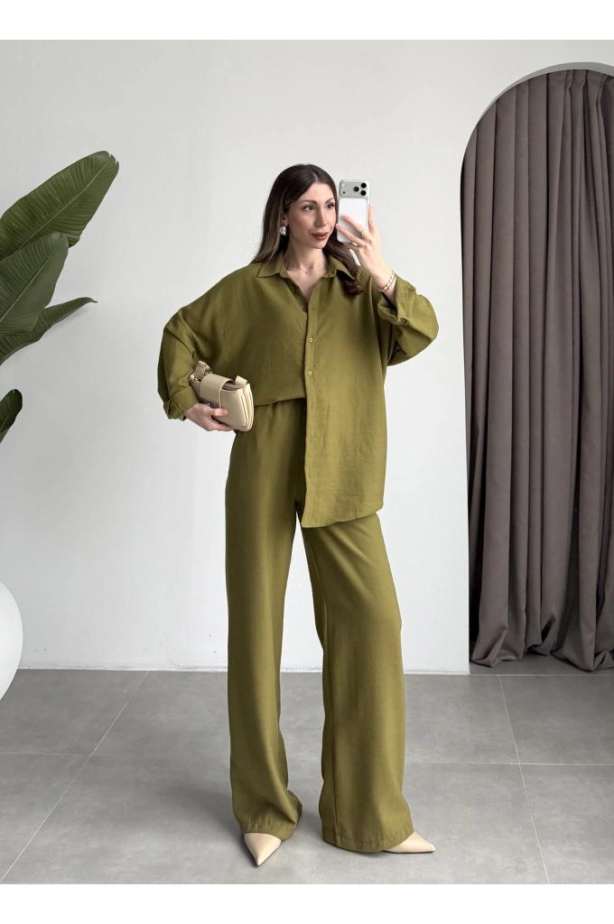 Keten Oversize Yağ Yeşili Gömlek Takım