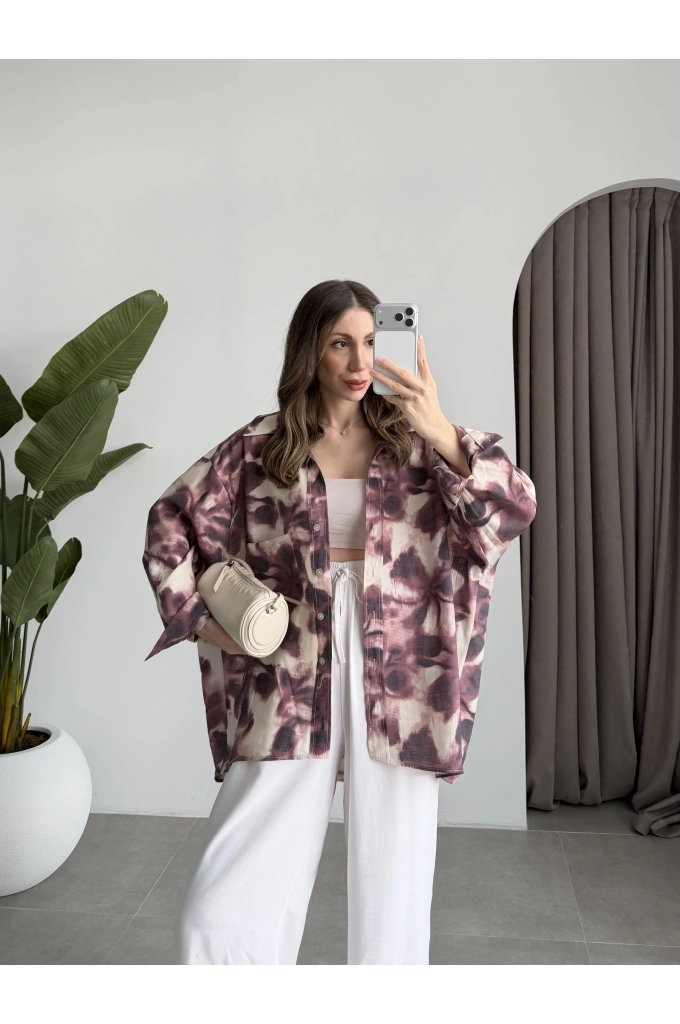 Oversize Bordo Tensel Empirme Gömlek