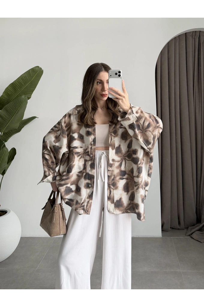 Oversize Kahve Tensel Empirme Gömlek