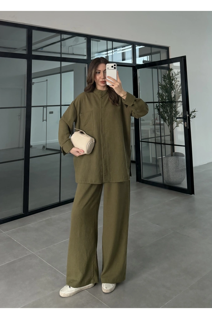 Hakim Yaka Haki Keten Gömlek Takım