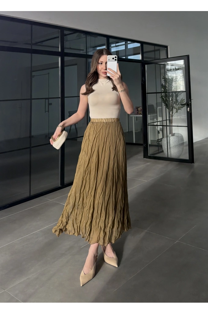 Premium Beli Lastikli Kırışık Olive Etek