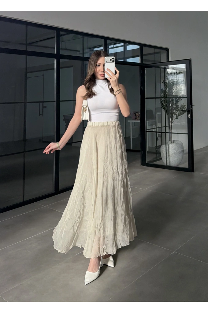 Premium Beli Lastikli Kırışık Taş Etek