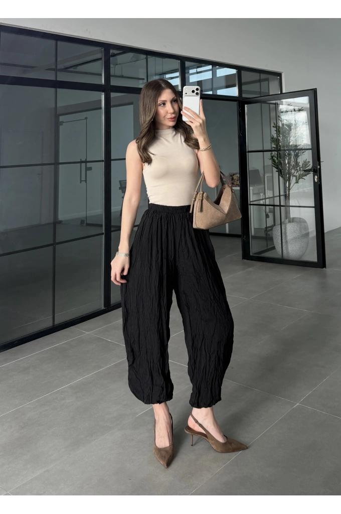 Kırışık Kumaş Siyah Şalvar Pantolon