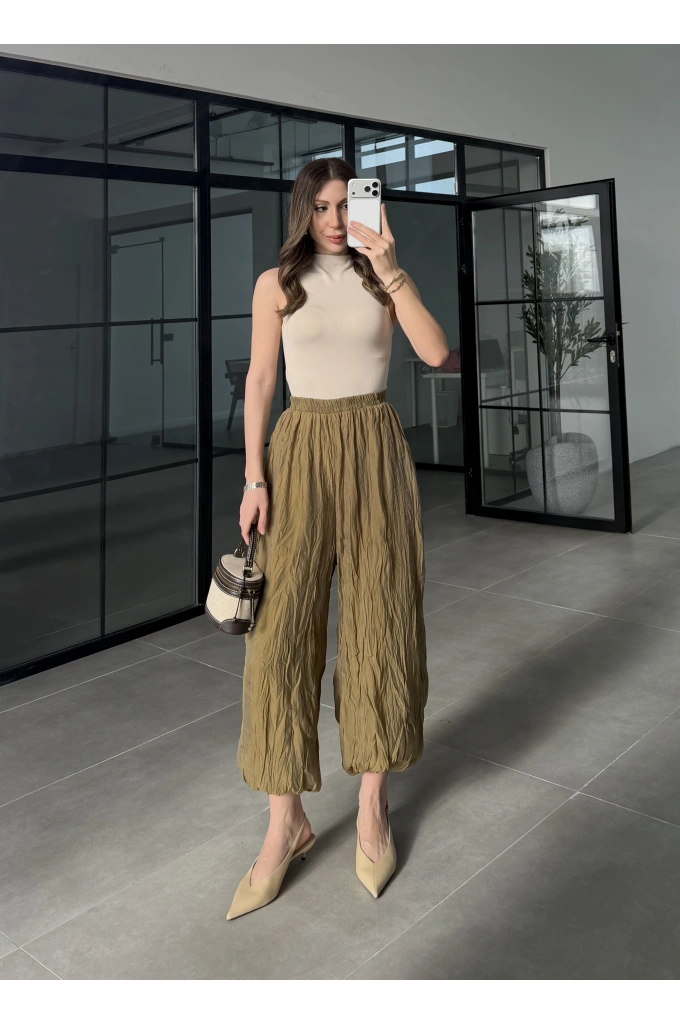 Kırışık Kumaş Olive Şalvar Pantolon