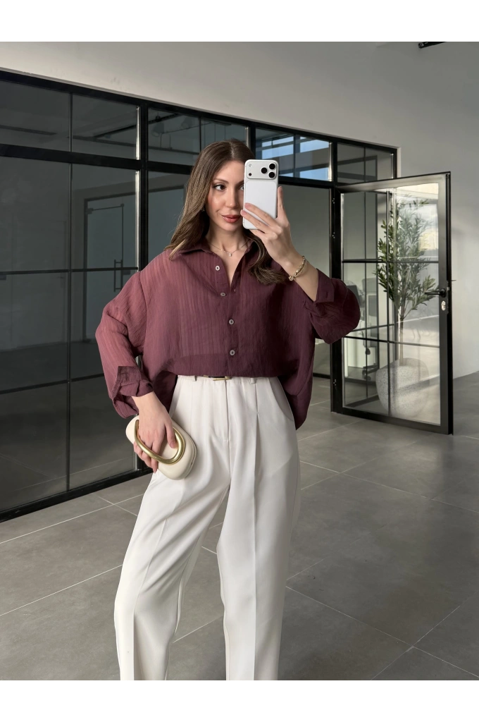 Oversize Transparan Mürdüm Gömlek