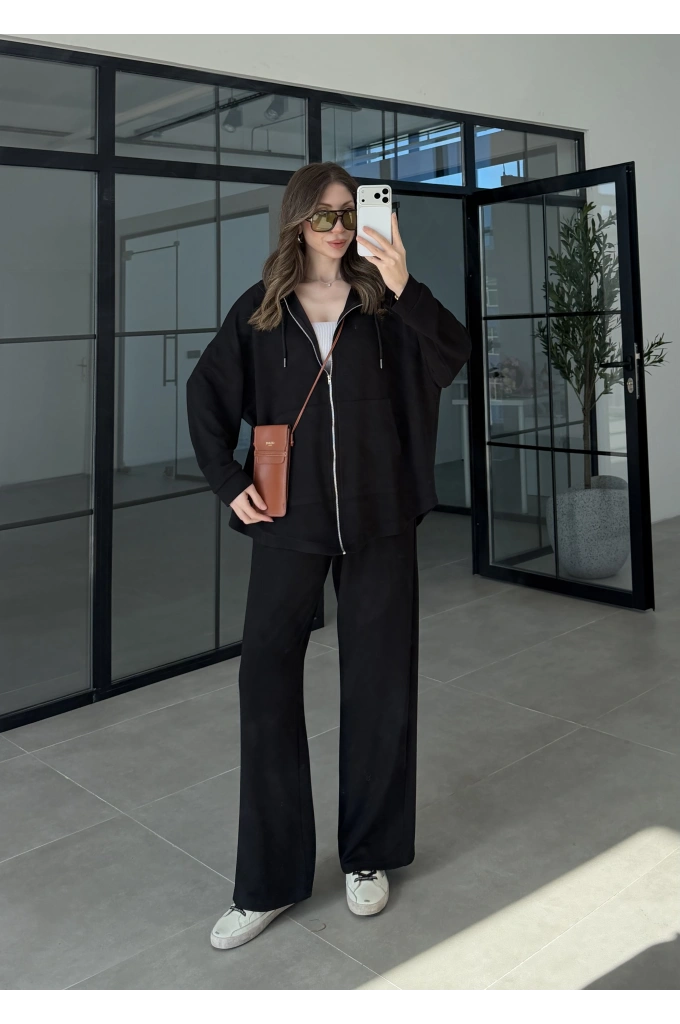 Kapüşonlu Oysh Kumaş Fermuarlı Siyah Spor Takım