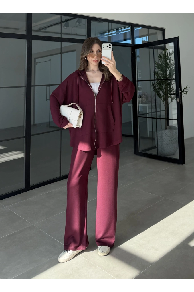 Kapüşonlu Oysh Kumaş Fermuarlı Bordo Spor Takım