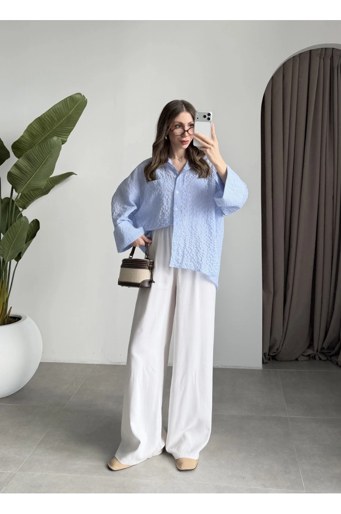 Mavi Pamuklu Oversize Kareli Gömlek