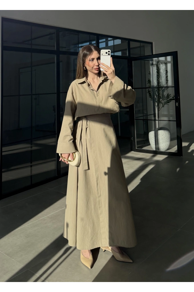 Anvelop Keten Etekli Vizon Gömlek Takım