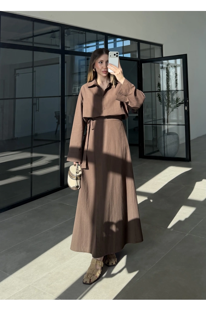 Anvelop Keten Etekli Kahve Gömlek Takım