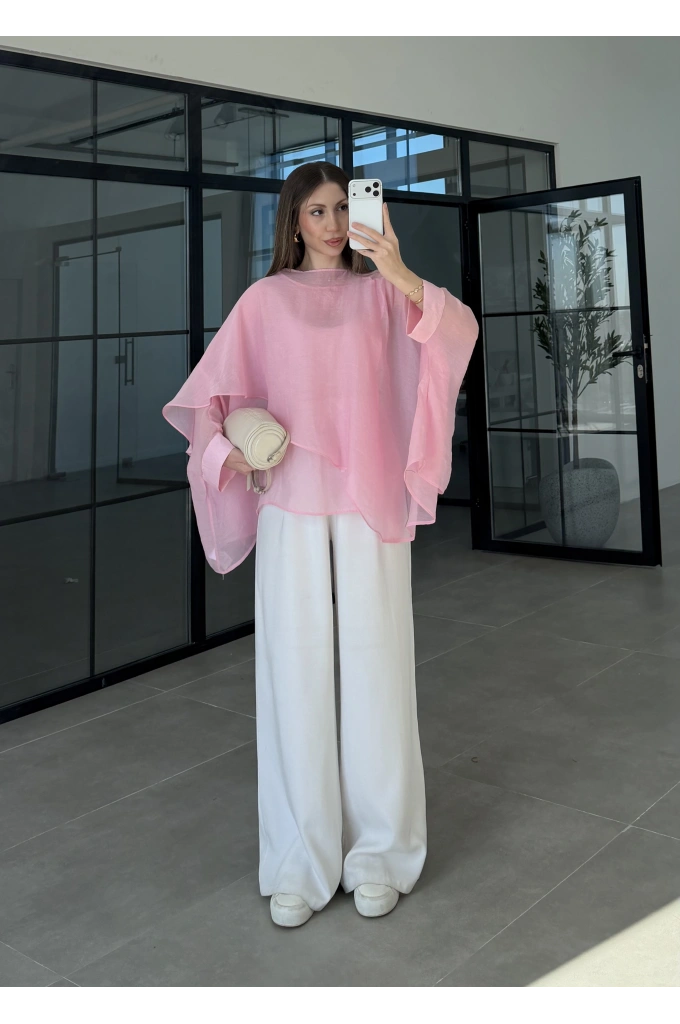 Uçuşan Pelerin Pembe Tül Bluz
