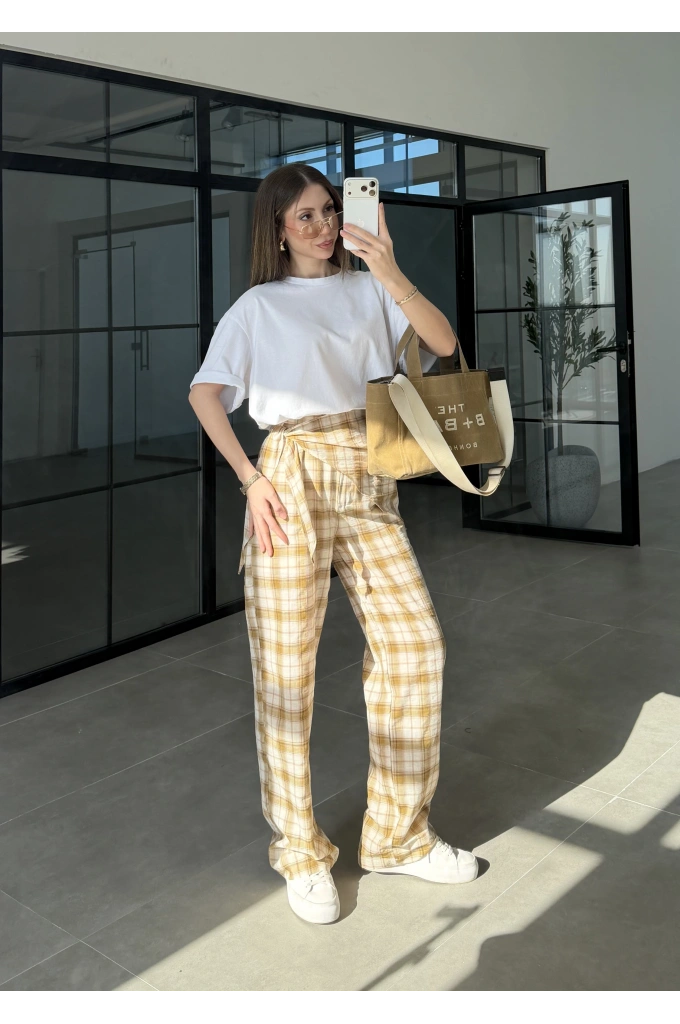 Ekose Bağlamalı Hardal Pantolon