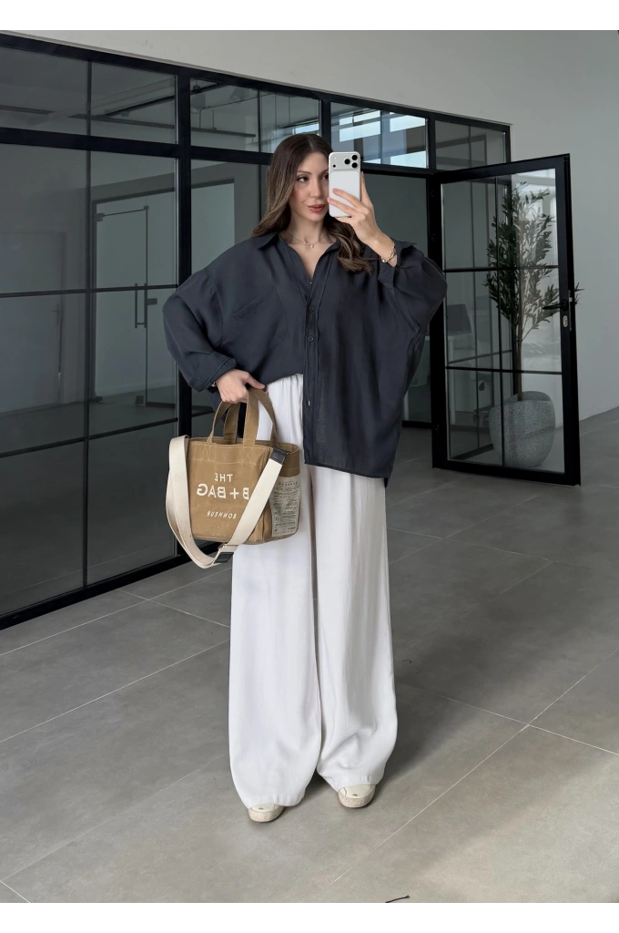 Oversize Tensel Vintage Lacivert Gömlek