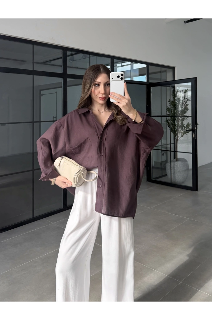 Mürdüm Oversize Tensel Gömlek