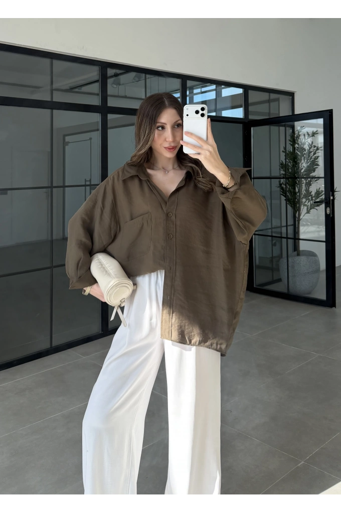 Oversize Tensel Vintage Haki Gömlek