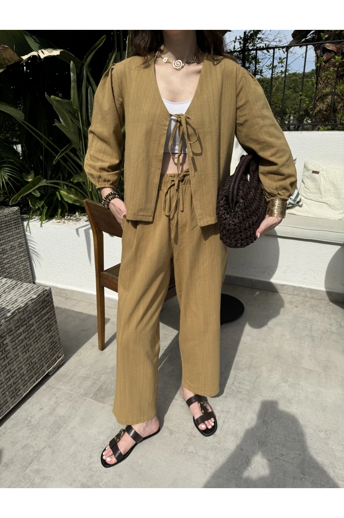 Diana Önü Bağlamalı Kısa Keten Yağ Yeşili Kimono Takım