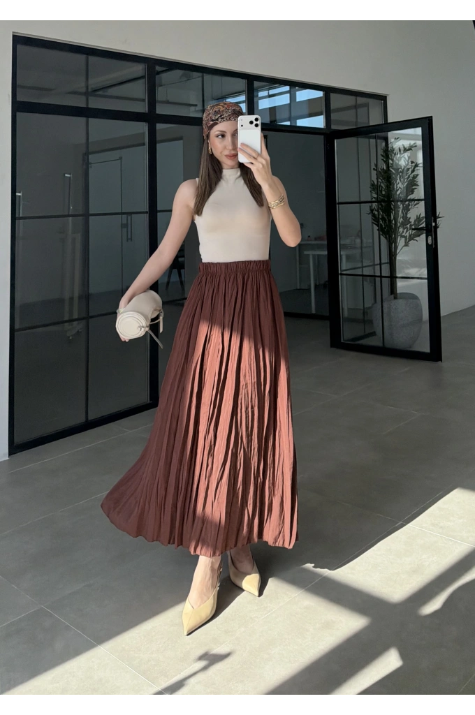 Beli Lastikli Tarçın Tensel Kırışık Etek