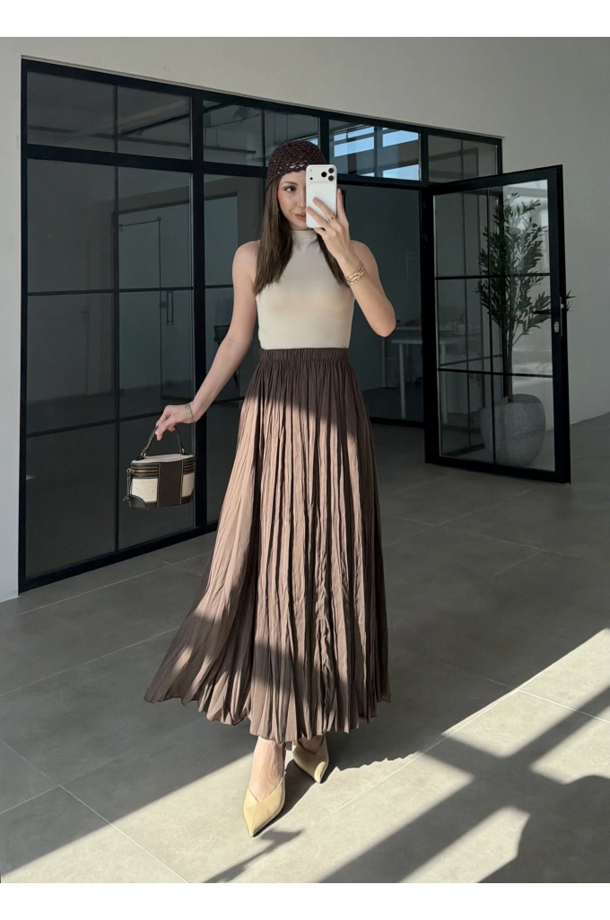 Beli Lastikli Kahve Tensel Kırışık Etek