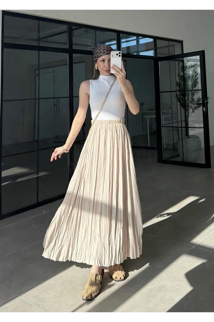 Beli Lastikli Taş Tensel Kırışık Etek