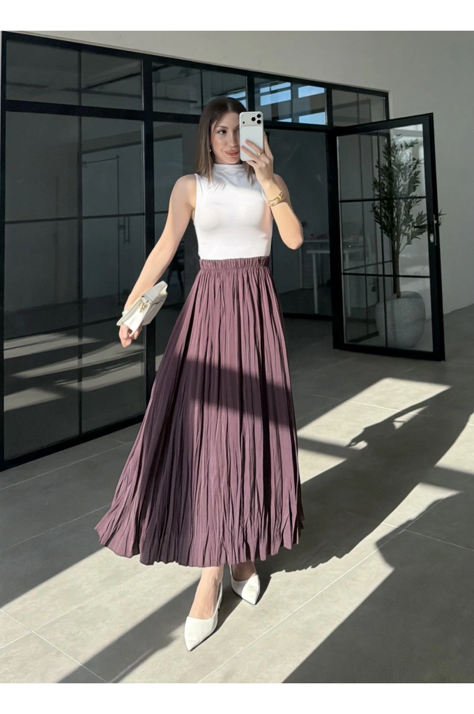 Beli Lastikli Mürdüm Tensel Kırışık Etek