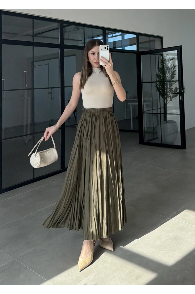 Beli Lastikli Haki Tensel Kırışık Etek