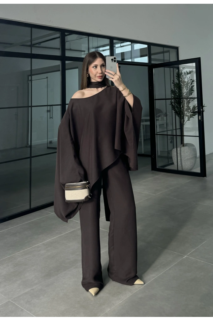 Pelerin Kahve Asimetrik Kesim Takım