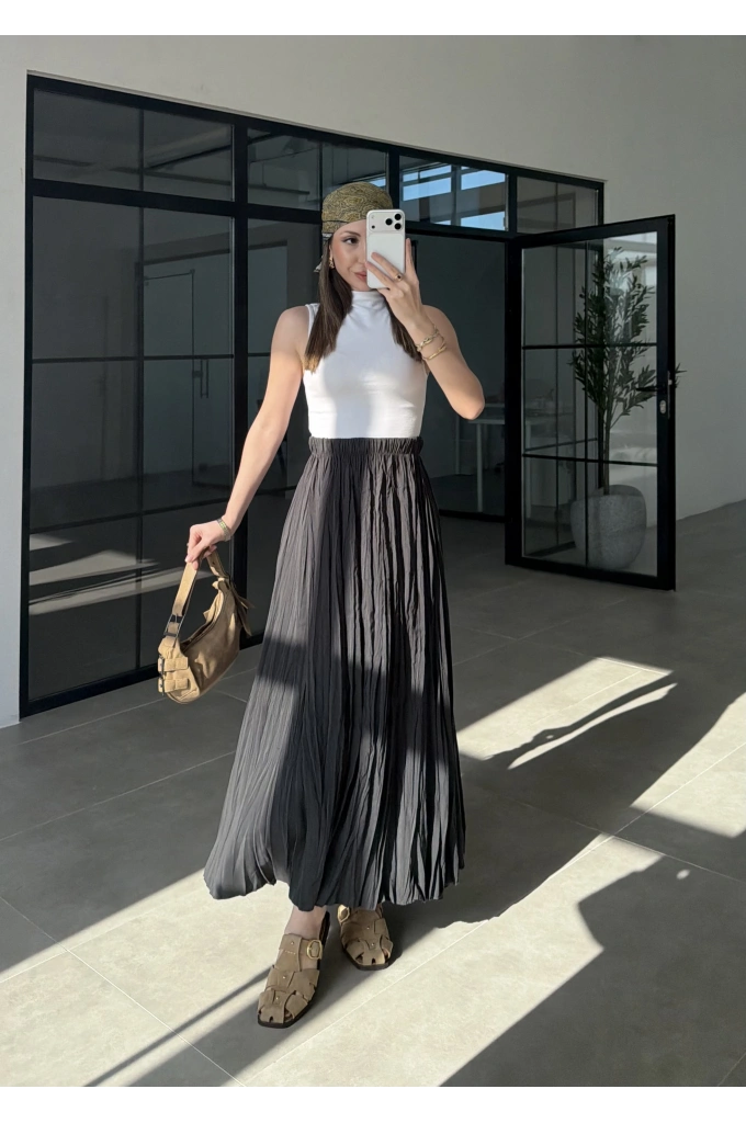 Beli Lastikli Antrasit Tensel Kırışık Etek