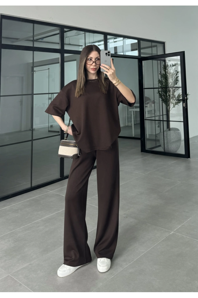 Oysh Kumaş Kısakollu Kahve Modal Takım