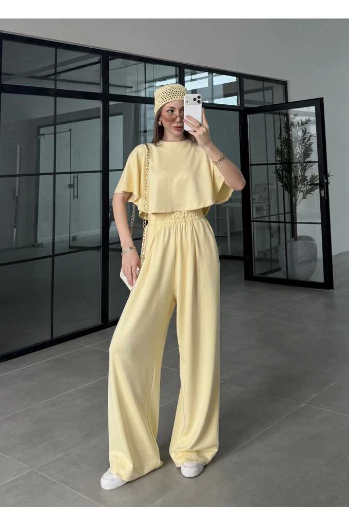 Oysh Modal Kumaş Beli Lastikli Sarı Crop Takım