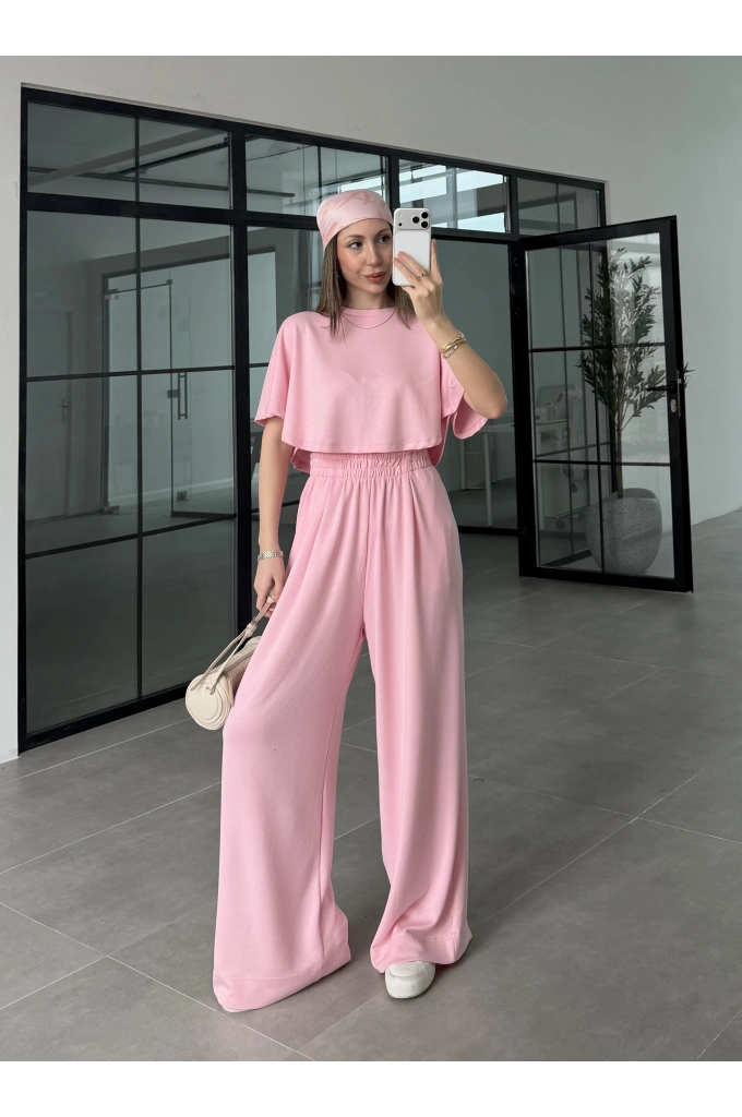 Oysh Modal Kumaş Beli Lastikli Pembe Crop Takım